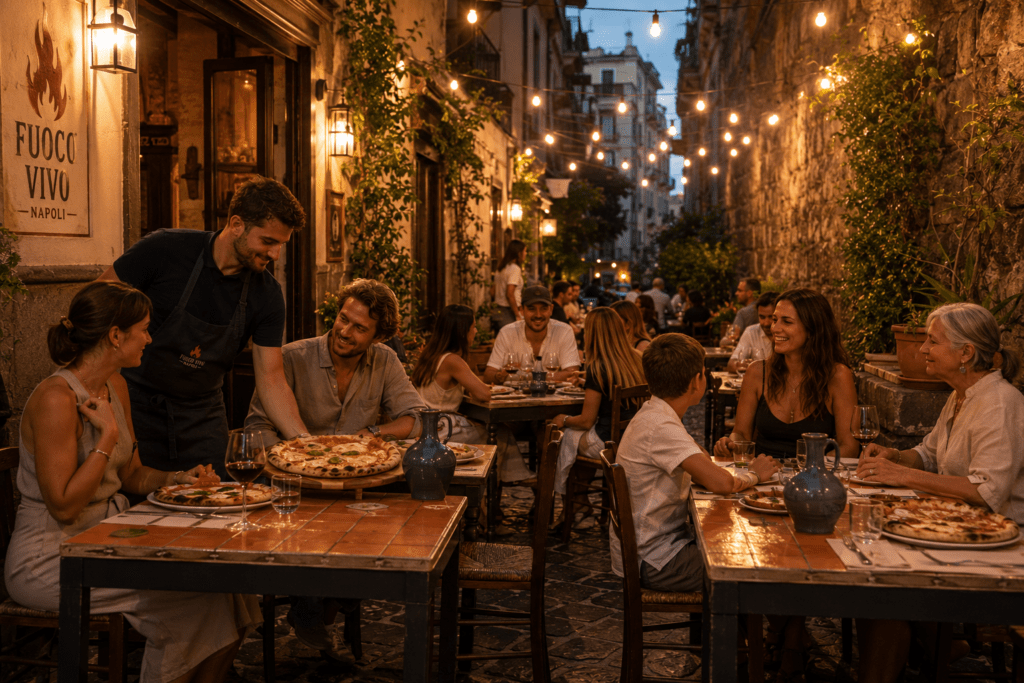 Photorealistic Fuoco Vivo outdoor terrace in Naples on summer evening with diners eating pizza at terracotta-tiled tables under string lights waiter delivering pizza and trailing jasmine on stone wall