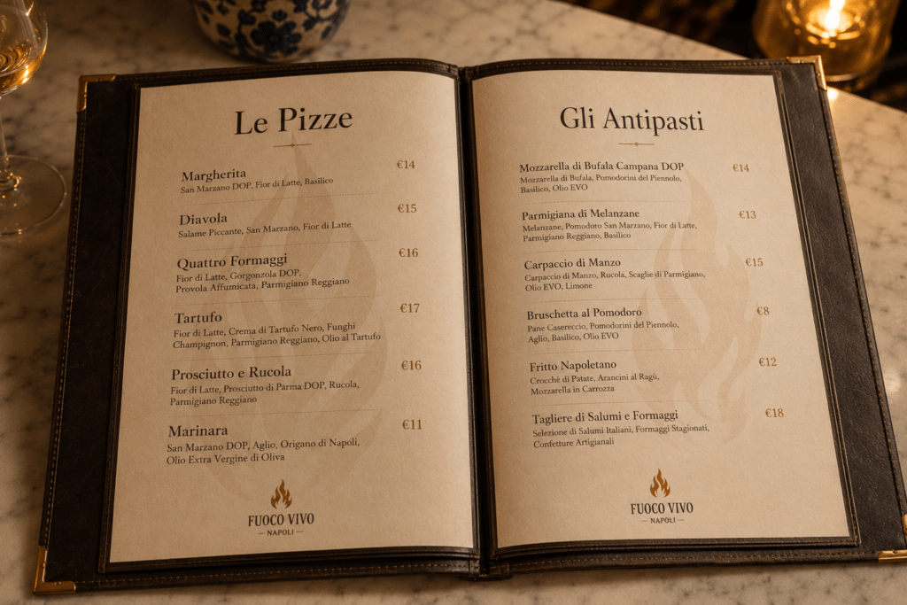 Fuoco Vivo premium leather-bound restaurant menu open on marble table showing Le Pizze section with Italian pizza names descriptions and prices in high-contrast serif and humanist body type with flame watermark