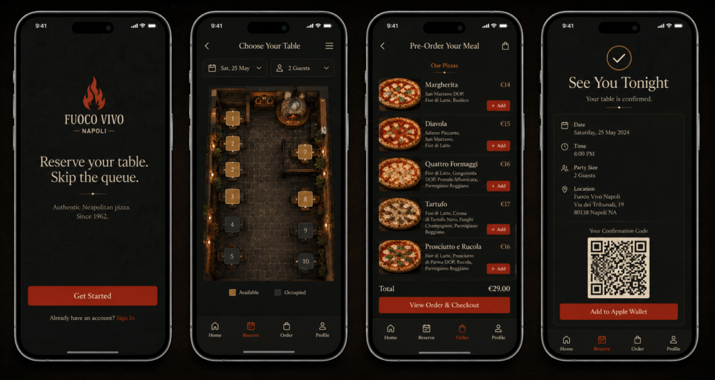 Fuoco Vivo restaurant app on four iPhone screens showing onboarding floor plan reservation pizza pre-ordering and booking confirmation with QR code in dark charcoal and tomato red