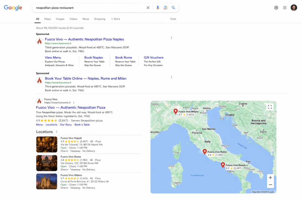 Google search results showing Fuoco Vivo paid ads targeting authentic Neapolitan pizza Naples with menu and booking sitelinks and organic position 1 with five star rating and local pack showing all three locations