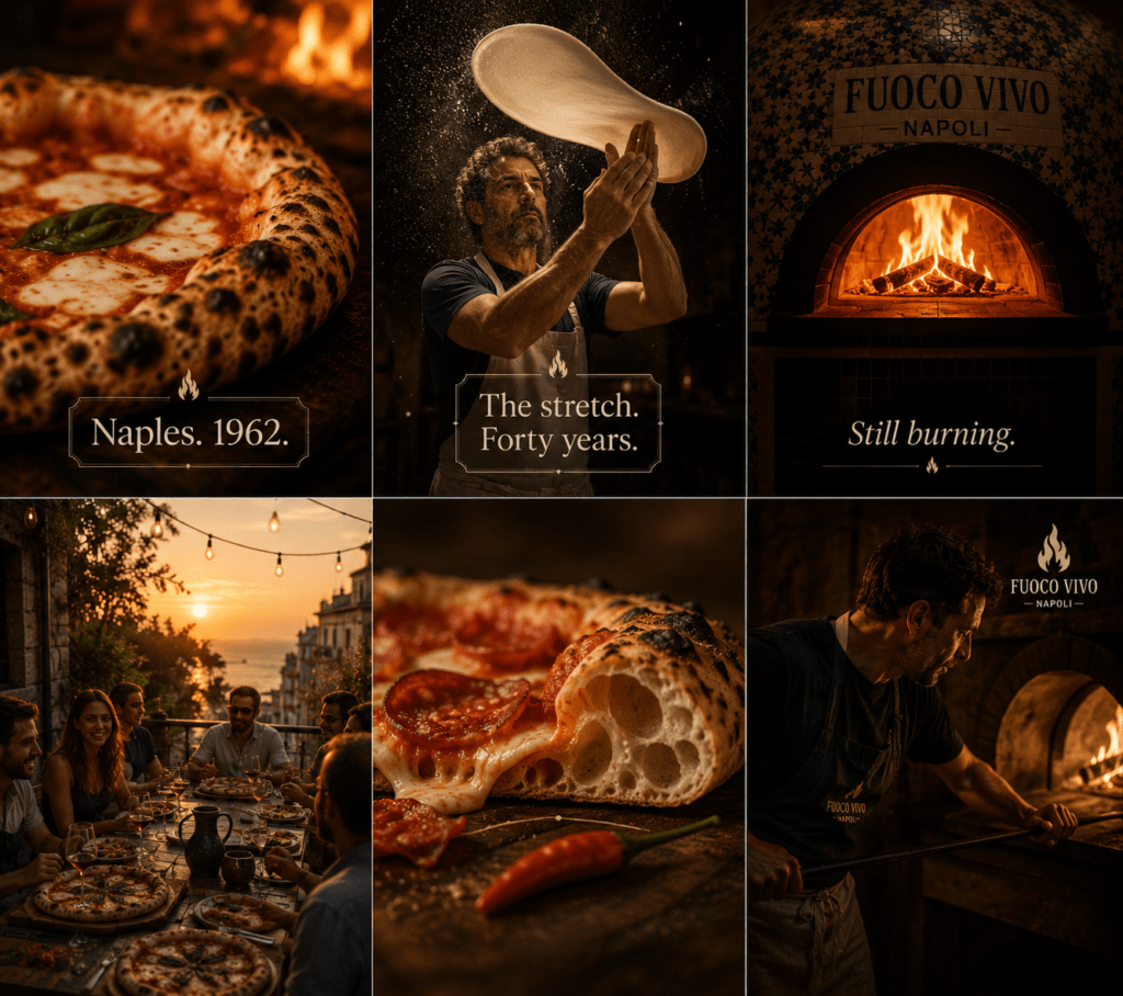 Fuoco Vivo Instagram six-post content grid showing Margherita hero shot pizzaiolo hand-stretch wood-fired oven outdoor terrace Diavola cross-section and Marco behind scenes in charcoal amber and cream