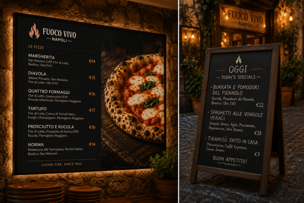 Fuoco Vivo in-store display menu mockup showing backlit wall board with pizza listing in dark charcoal and cream inside the Naples restaurant alongside exterior A-frame chalkboard with daily specials in Italian