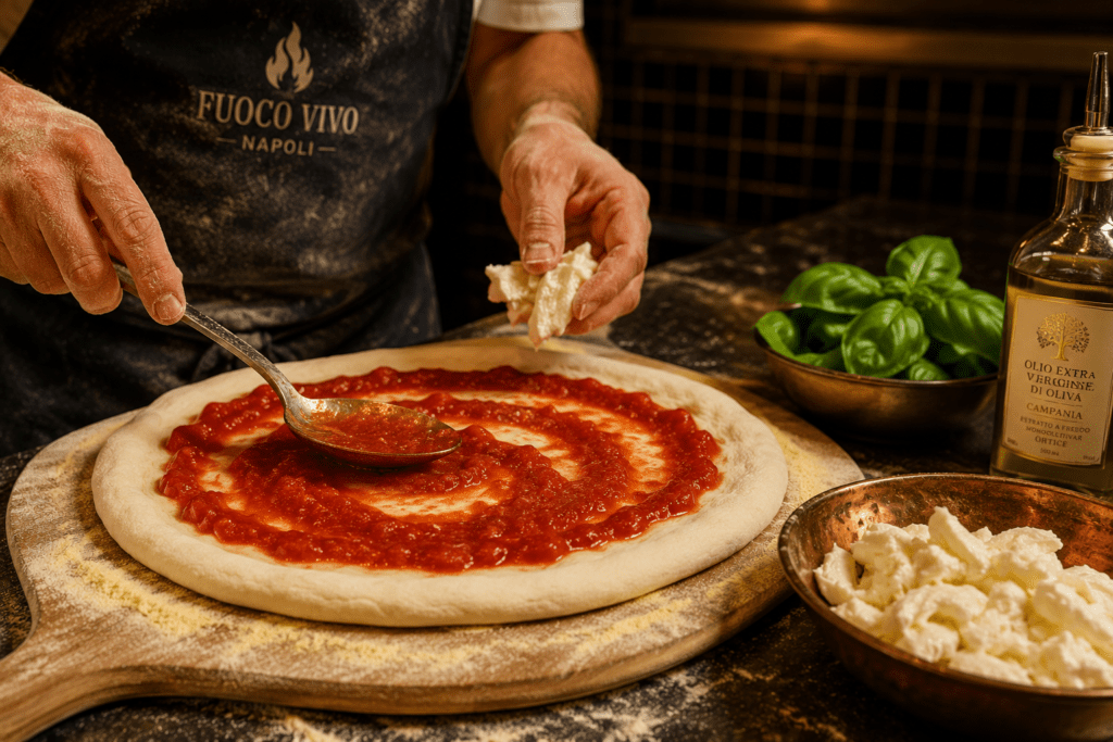 Photorealistic close-up of pizzaiolo hands spreading San Marzano DOP tomato sauce on raw Neapolitan pizza dough on wooden peel with Fior di Latte fresh basil and olive oil beside it
