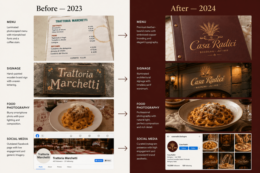 Split screen brand transformation showing Casa Radici before with laminated menu handwritten sign blurry pasta photo and 412 followers versus after with premium leather menu illuminated signage professional photography and 112000 followers
