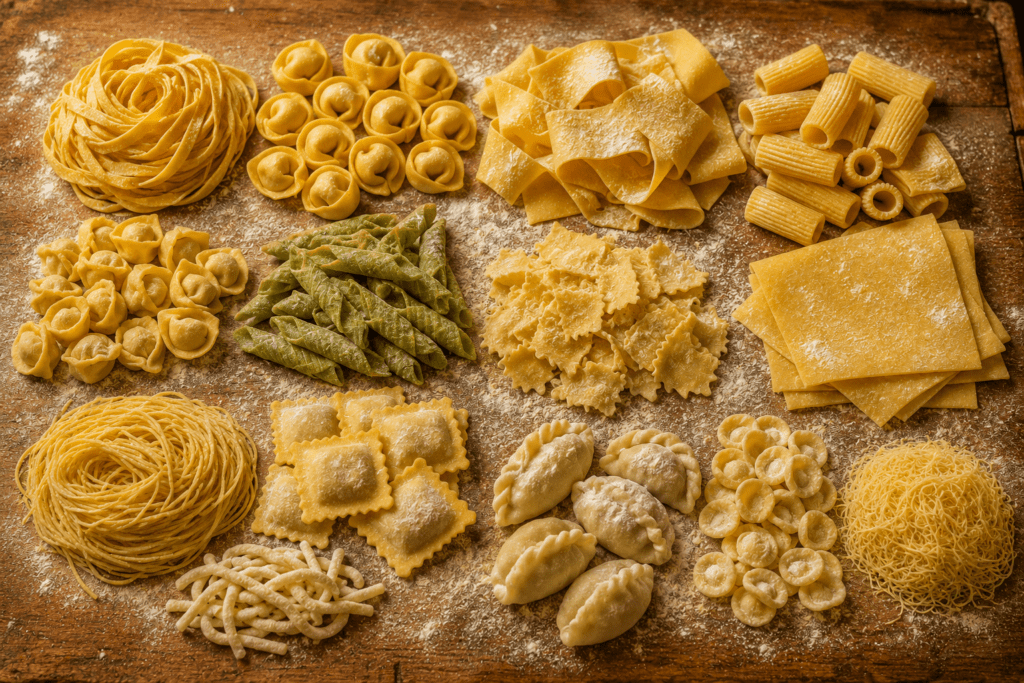 Fourteen Casa Radici handmade fresh pasta varieties displayed on floured antique wooden board including tagliatelle tortellini pappardelle rigatoni cappelletti garganelli maltagliati lasagne ravioli and pici
