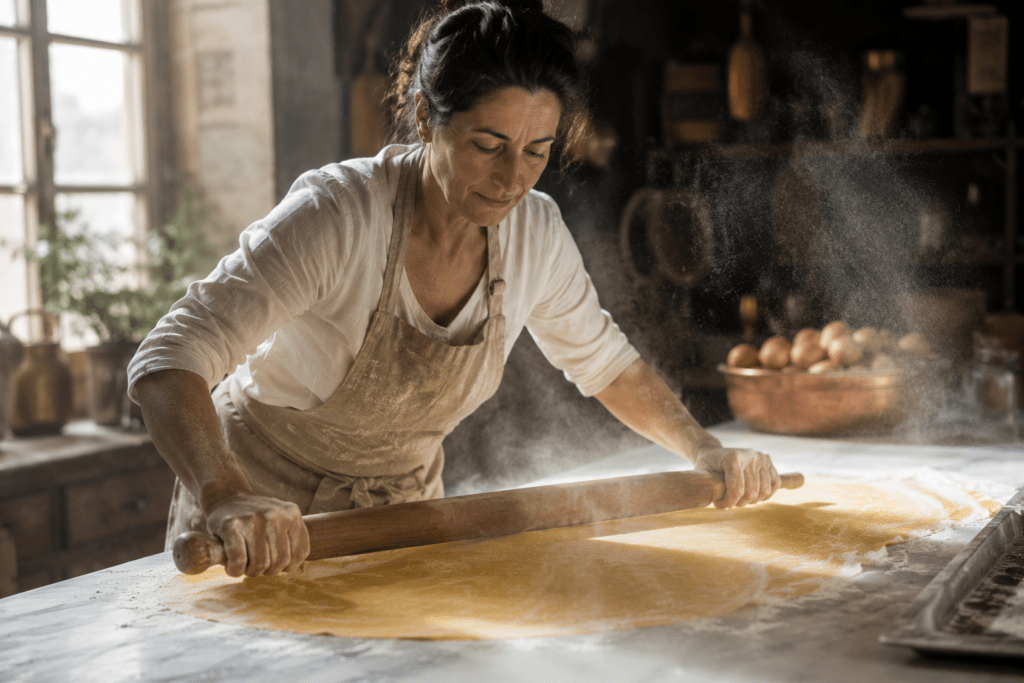 Photorealistic Casa Radici head chef in flour-dusted apron expertly rolling paper-thin egg pasta sfoglia with wooden rolling pin on marble bench in Bologna kitchen with natural light