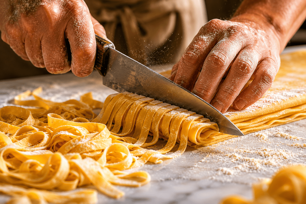 Photorealistic close-up of pasta chef hands cutting freshly rolled egg sfoglia into tagliatelle ribbons with knife on marble bench with semolina flour dusting and warm kitchen light
