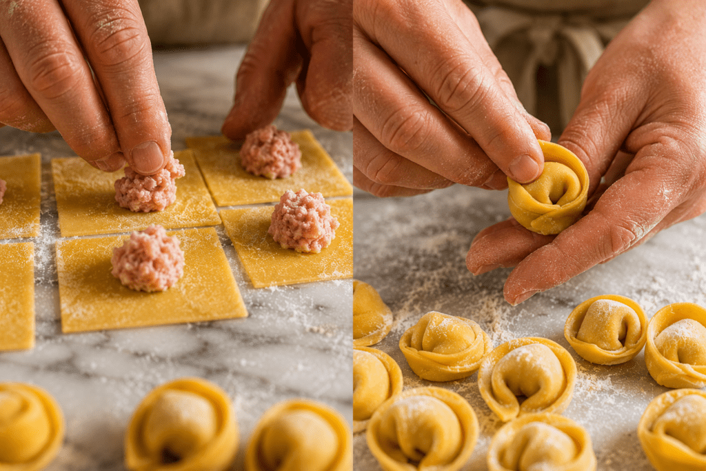 Photorealistic two-moment image of Casa Radici tortellini making showing filling placement on pasta square and hands folding into classic ring shape on marble bench
