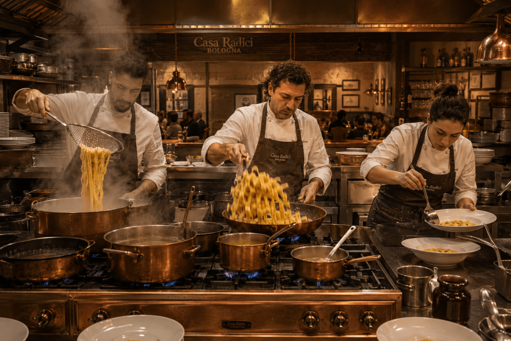 Photorealistic Casa Radici Bologna open kitchen in dinner service with three chefs at copper range cooking fresh pasta in boiling pots finishing pasta in sauté pans and plating tortellini
