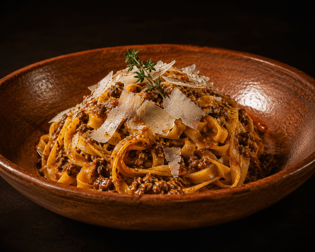 Photorealistic Casa Radici signature tagliatelle al ragù Bolognese in terracotta bowl with eight hour slow-cooked ragù fresh Parmigiano DOP shaving and aged balsamic drizzle in dramatic single light
