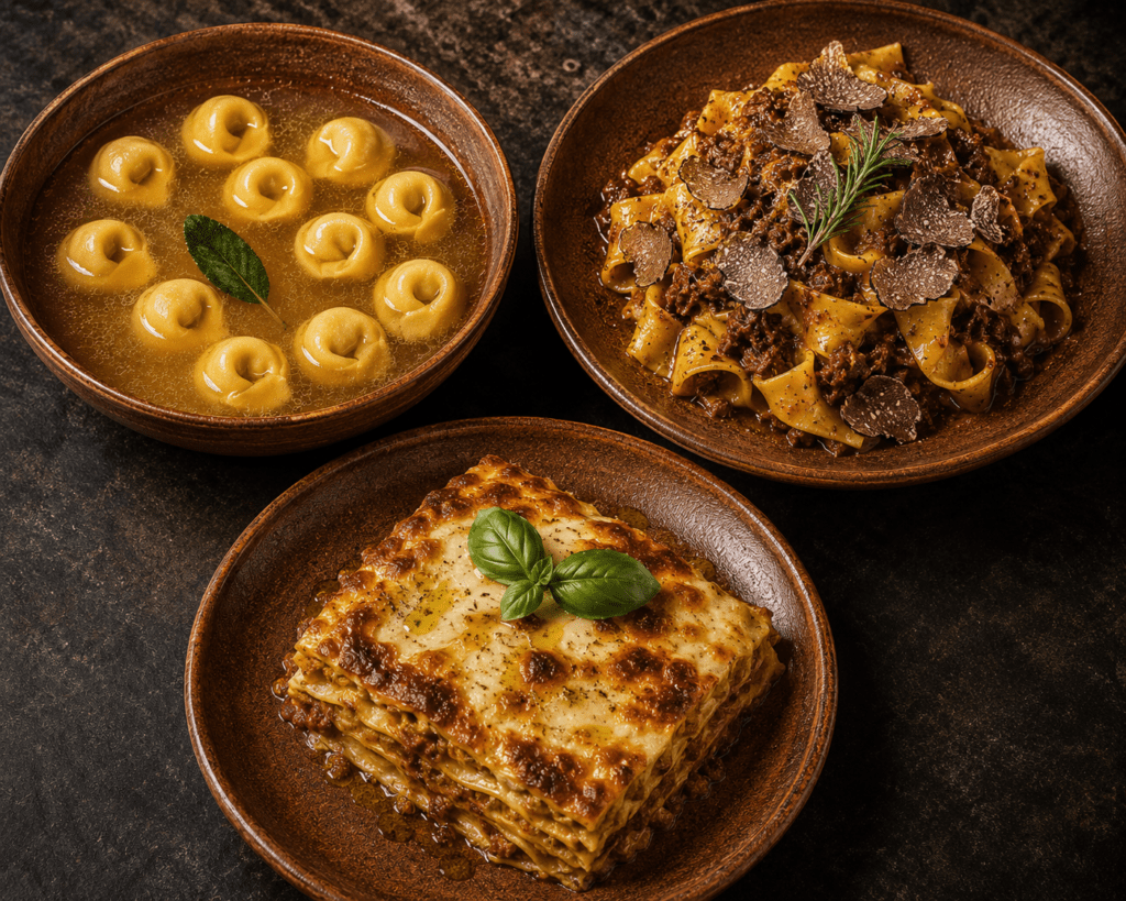 Three Casa Radici signature pasta dishes on dark stone including tortellini in brodo pappardelle with wild boar and black truffle and lasagne al forno with béchamel layers in terracotta tableware