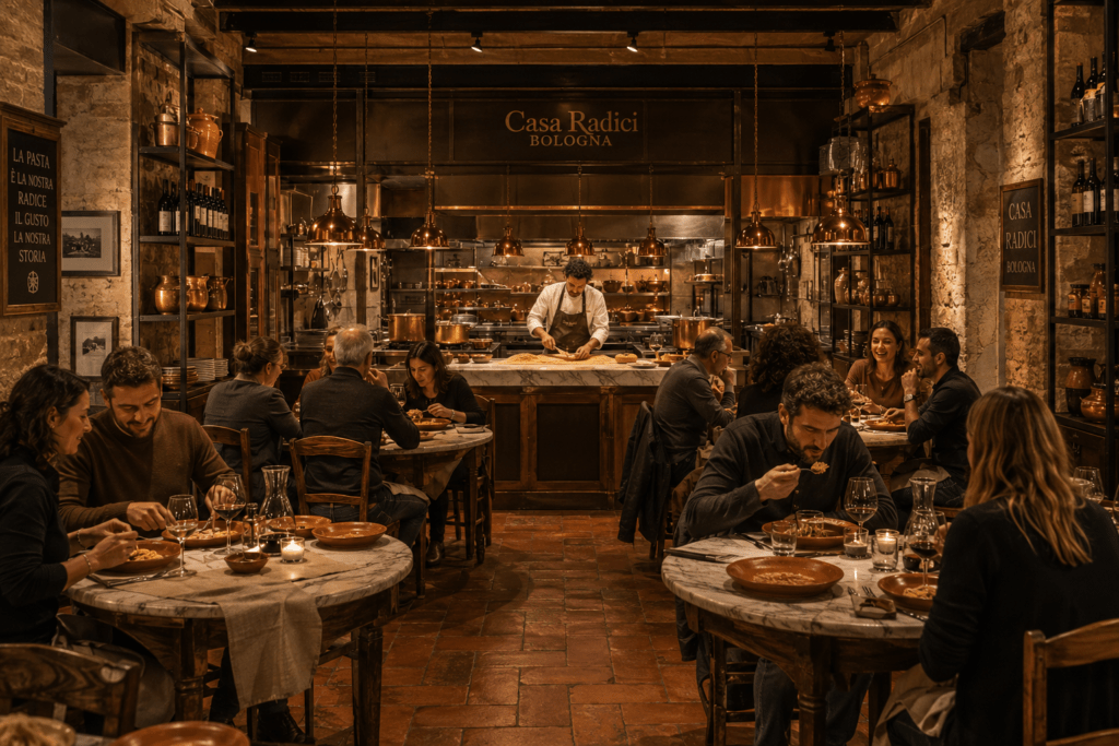 Photorealistic Casa Radici Bologna pasta restaurant interior with exposed stone walls terracotta floors open pasta kitchen copper pendant lights marble tables and diners eating pasta in warm evening atmosphere