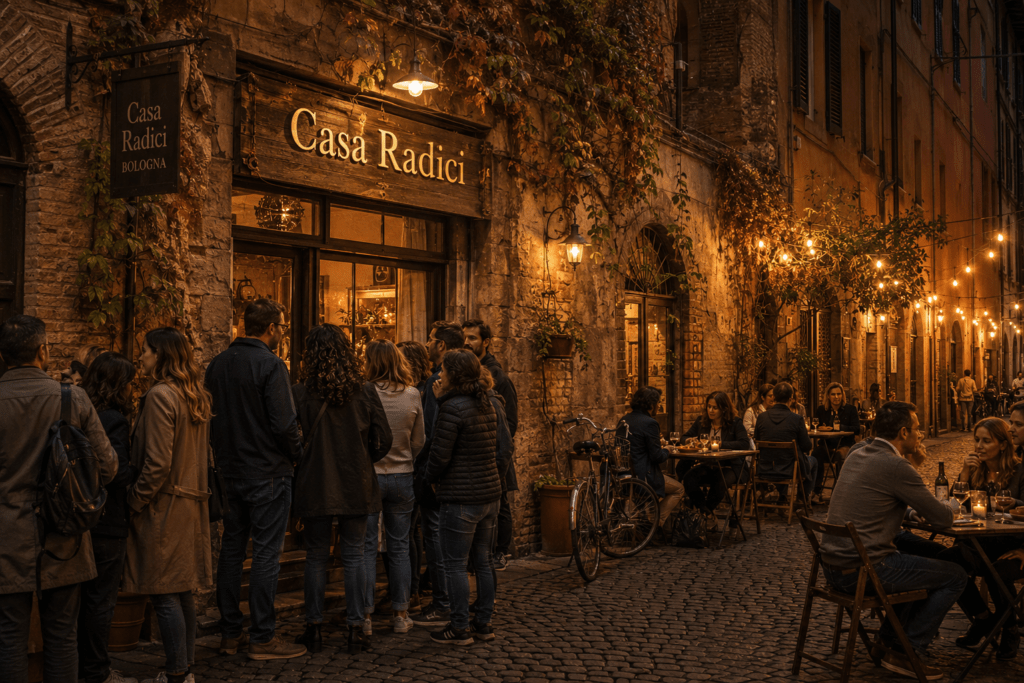 Photorealistic Casa Radici Bologna restaurant exterior at evening with illuminated wooden signage fourteen people in animated queue on cobblestone street outdoor tables with pasta diners and string lights
