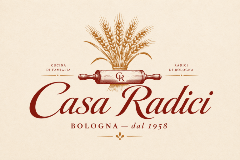 Casa Radici deep Bolognese red and parchment ivory warm italic serif logo with wheat sheaf mark for handmade pasta restaurant Bologna Italy established 1958