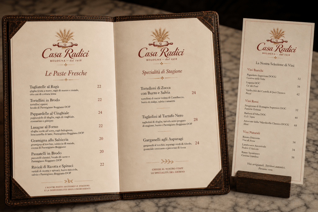 Casa Radici premium leather-bound menu open on marble showing Le Paste Fresche pasta section with Italian pasta names descriptions and prices in Bolognese red serif and humanist sans-serif alongside wine list card
