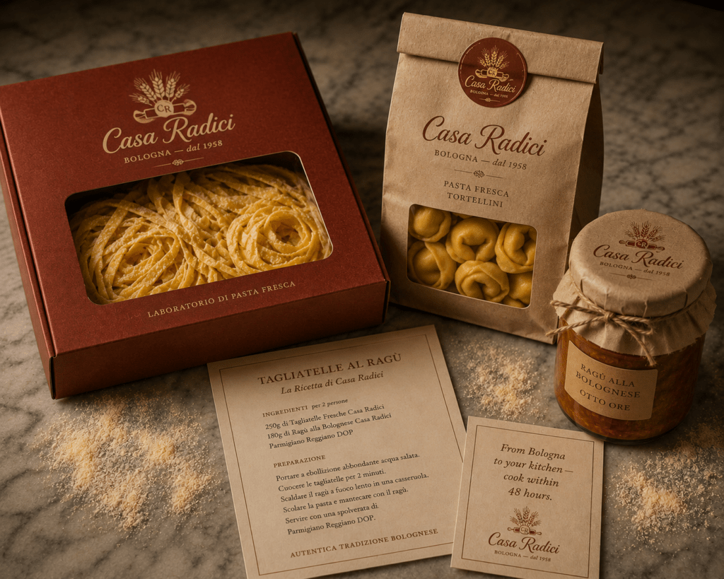 Casa Radici pasta laboratory takeaway packaging on aged marble showing branded kraft box with tagliatelle window ragù jar in parchment lid tortellini compostable bag recipe card and from Bologna message
