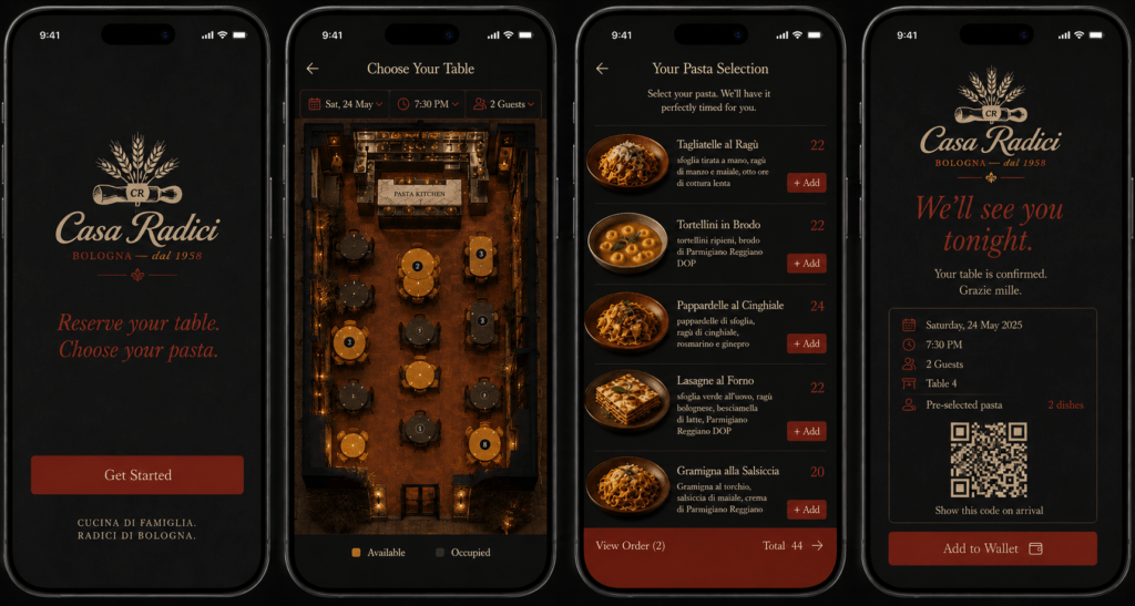 Casa Radici pasta restaurant app on four iPhone screens showing onboarding floor plan table reservation pasta pre-selection menu and booking confirmation with QR code in charcoal and Bolognese red
