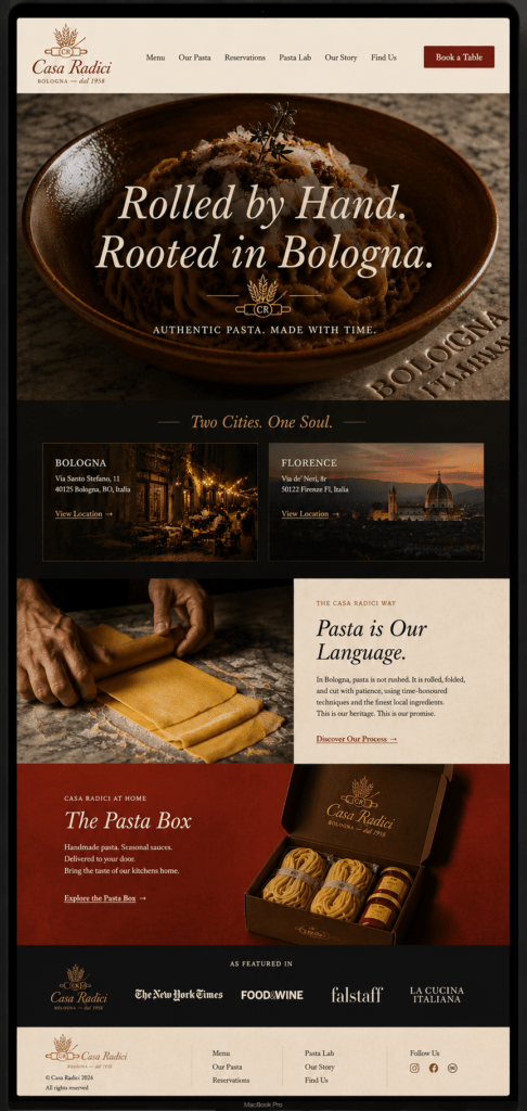 Casa Radici website homepage on MacBook with Bolognese red dark hero tagliatelle photography italic serif headline two location cards pasta process section subscription feature and Michelin press bar