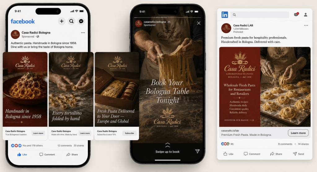 Casa Radici social media advertising mockup showing Facebook carousel ad with three cards Instagram Stories reservation ad and LinkedIn trade wholesale post in Bolognese red charcoal and parchment brand palette