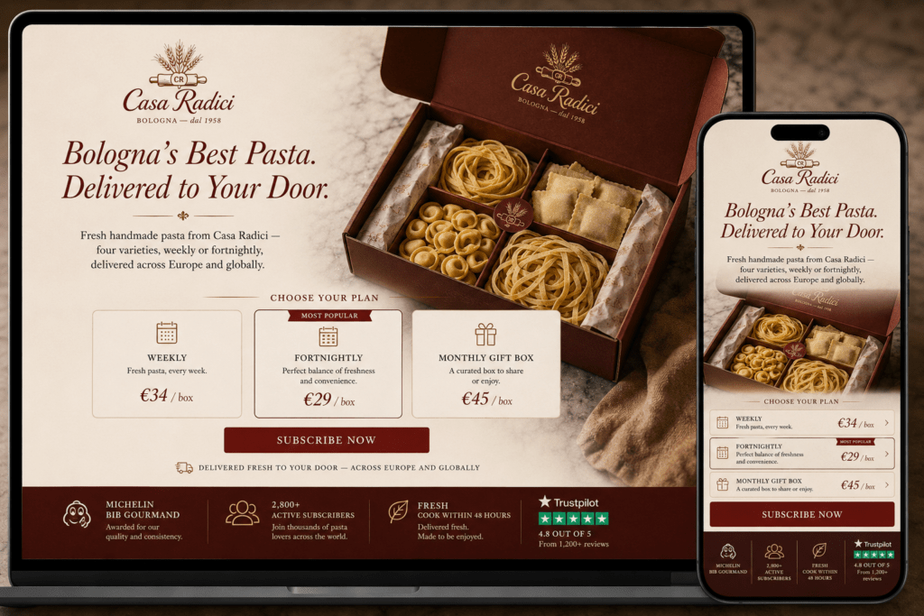 Casa Radici fresh pasta subscription box landing page on desktop and iPhone showing open box photography italic serif headline three subscription tier cards trust signals and Michelin badge
