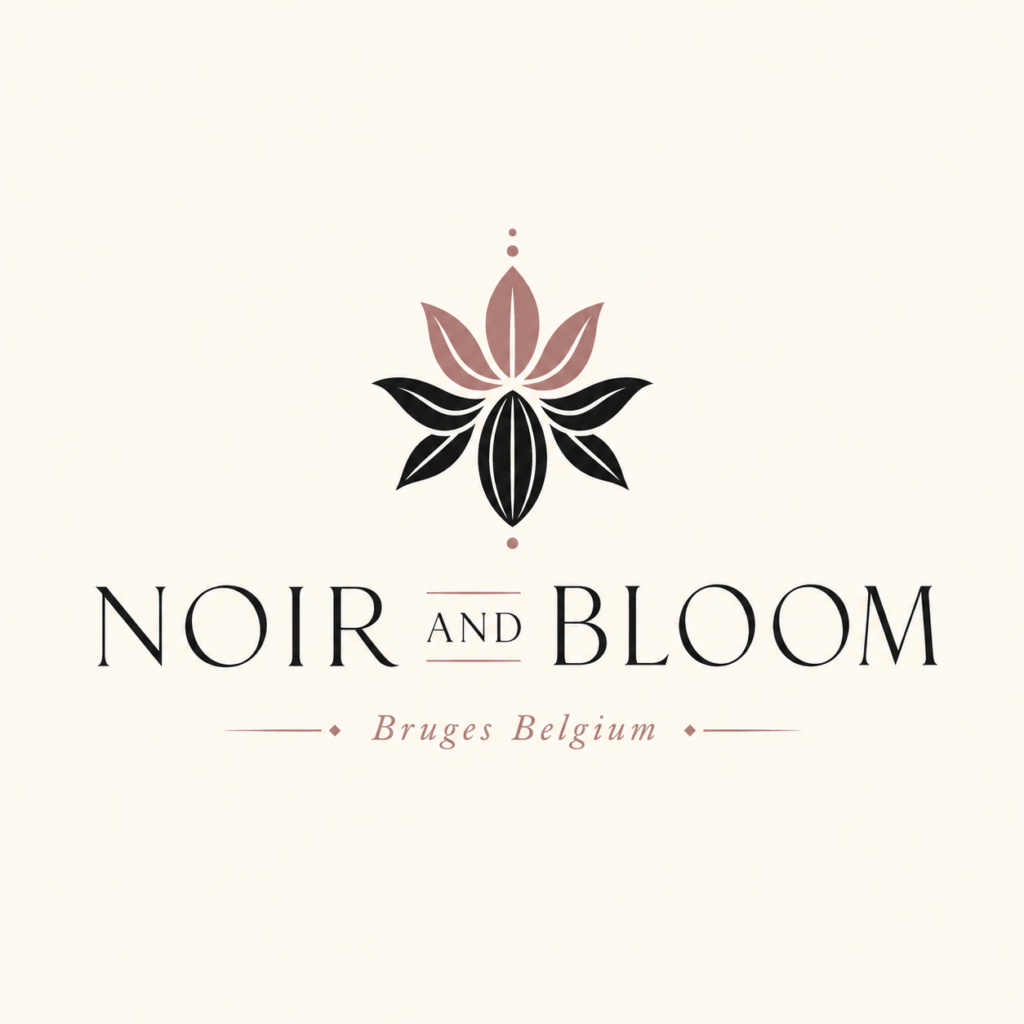 Noir and Bloom midnight black and dusty rose high-contrast modern serif logo with abstract bloom cacao mark for premium Belgian artisan chocolate brand Bruges Belgium