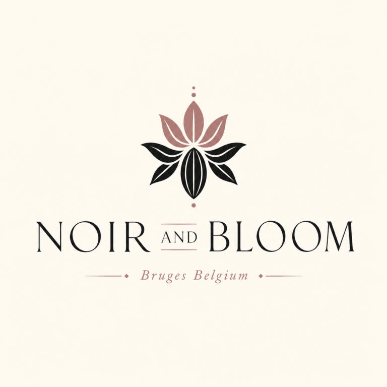 Noir and Bloom midnight black and dusty rose high-contrast modern serif logo with abstract bloom cacao mark for premium Belgian artisan chocolate brand Bruges Belgium