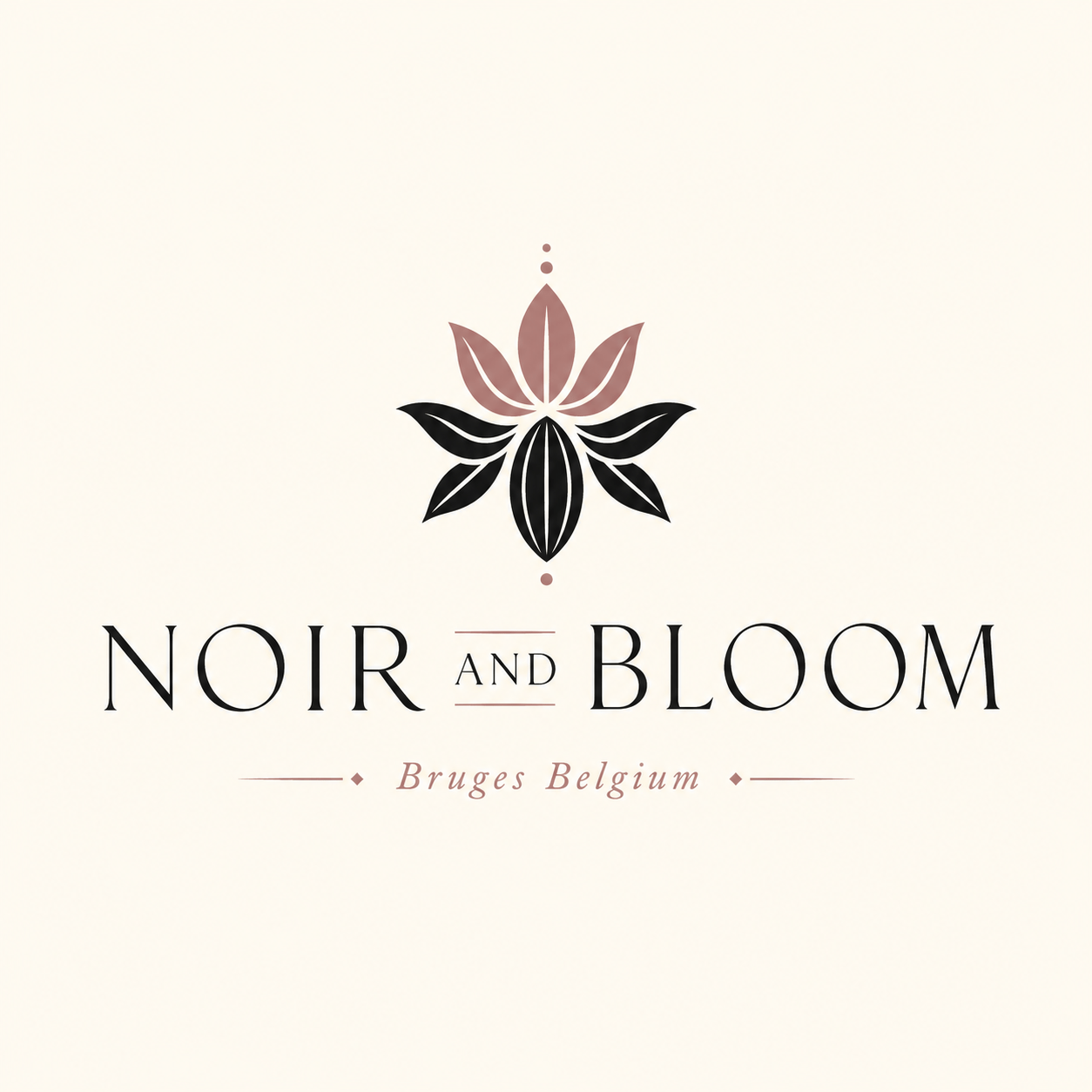 Noir and Bloom midnight black and dusty rose high-contrast modern serif logo with abstract bloom cacao mark for premium Belgian artisan chocolate brand Bruges Belgium