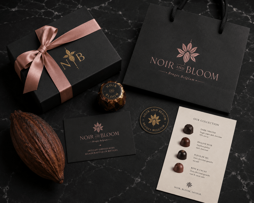 Noir and Bloom brand identity suite flat lay on black marble showing midnight black gift box dusty rose ribbon gold foil monogram business card boutique bag sticker seal and product card with dried cacao pod