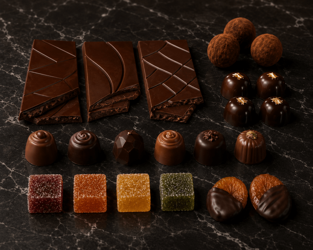 Eighteen Noir and Bloom premium artisan chocolate and confectionery products on black marble including single origin bars pralines salted caramel bonbons dark truffles pates de fruits and chocolate covered fruits