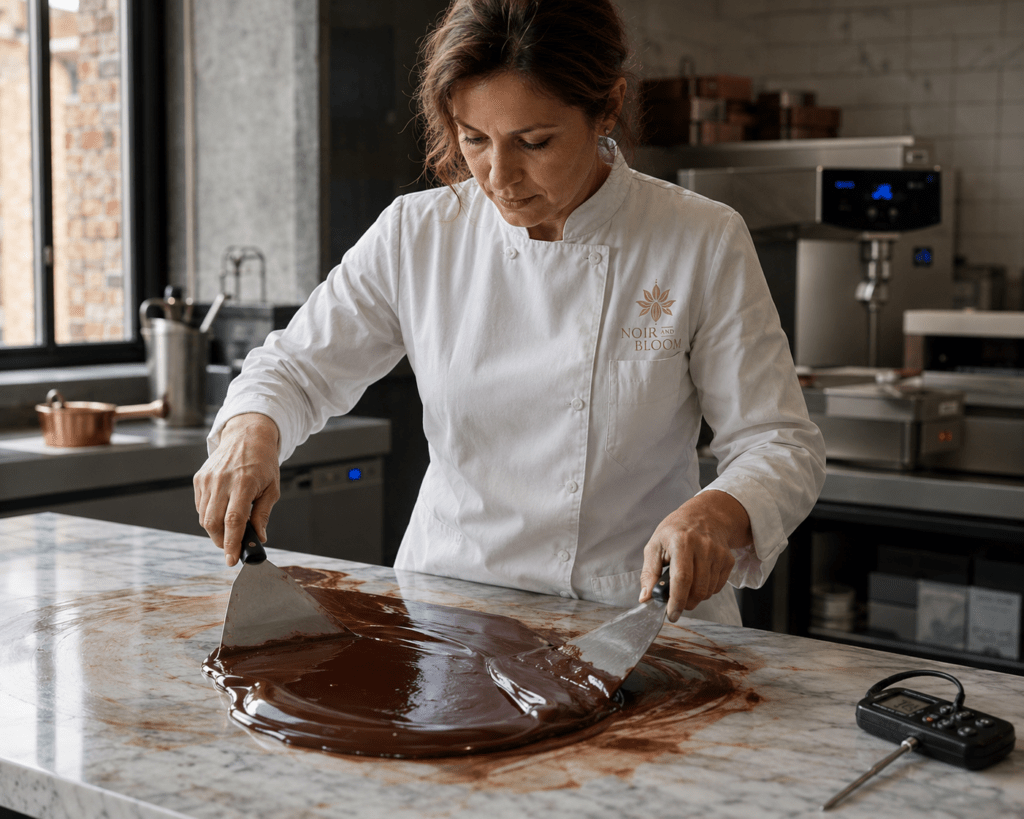 Photorealistic Noir and Bloom female chocolatier in white embroidered chef coat tempering dark chocolate on marble slab with two palette knives in Bruges production kitchen with digital thermometer and natural side light
