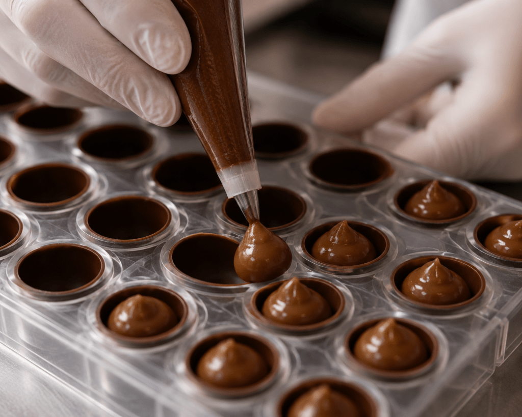 Photorealistic close-up of Noir and Bloom chocolatier hand-piping hazelnut praline filling into polycarbonate chocolate mould in Bruges kitchen with sharp focus on piping tip and rich amber filling