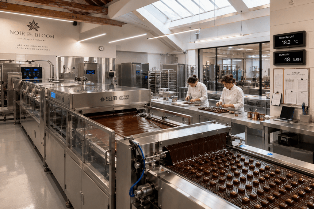 Photorealistic Noir and Bloom chocolate production facility interior in Bruges with tempering machine enrobing line hand finishing bench chocolatiers in white coats natural skylight and HACCP documentation