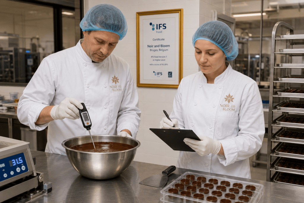 Two Noir and Bloom production staff in IFS-compliant white coats hairnets and gloves checking chocolate temperature with probe thermometer and documenting on HACCP clipboard with IFS certificate on wall behind