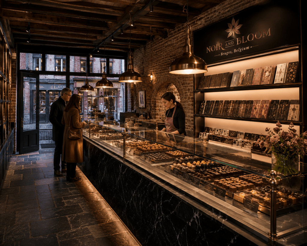 Photorealistic Noir and Bloom Bruges flagship chocolate boutique interior with black marble counter refrigerated vitrine brass fittings exposed brick beams backlit chocolate bar display and customers with staff in dusty rose aprons