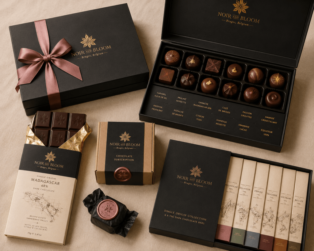 Noir and Bloom premium packaging range on cream linen showing midnight black rigid gift box with twelve pralines in acetate tray single origin bar with inner gold foil and outer illustrated label subscription box and corporate gift sleeve