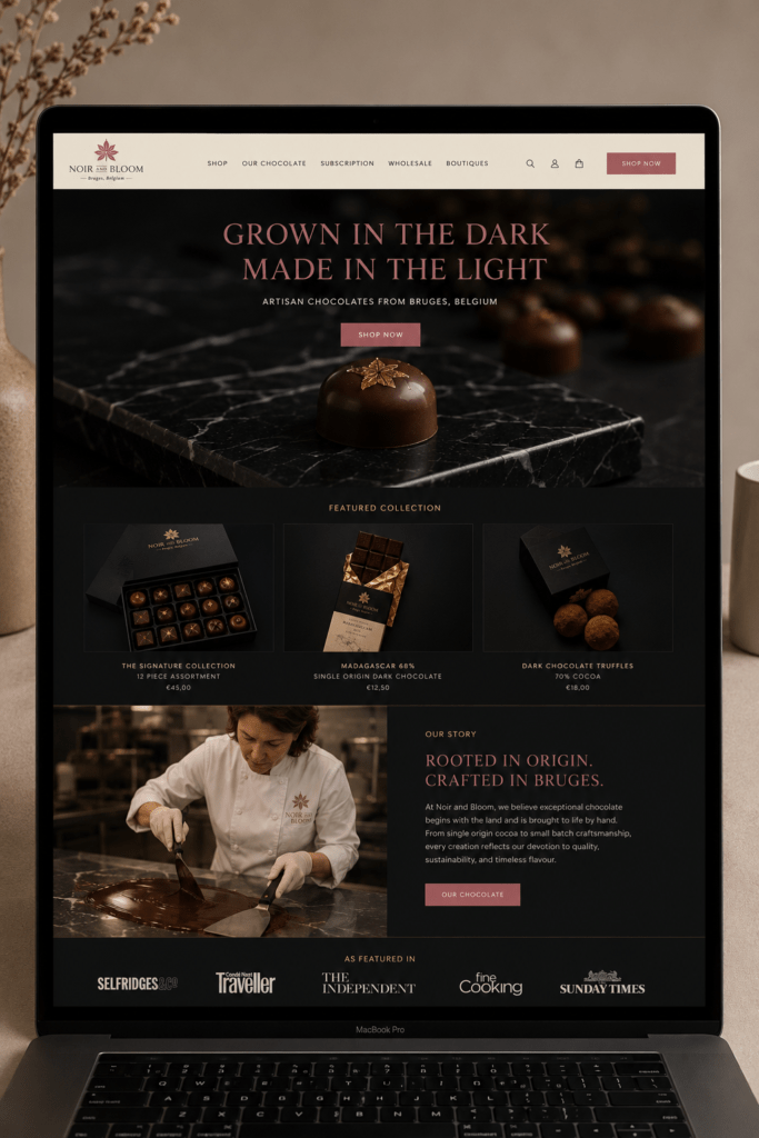 Noir and Bloom chocolate website homepage on MacBook with dark hero praline photography dusty rose headline featured products row process section and press logos bar in midnight black and cream
