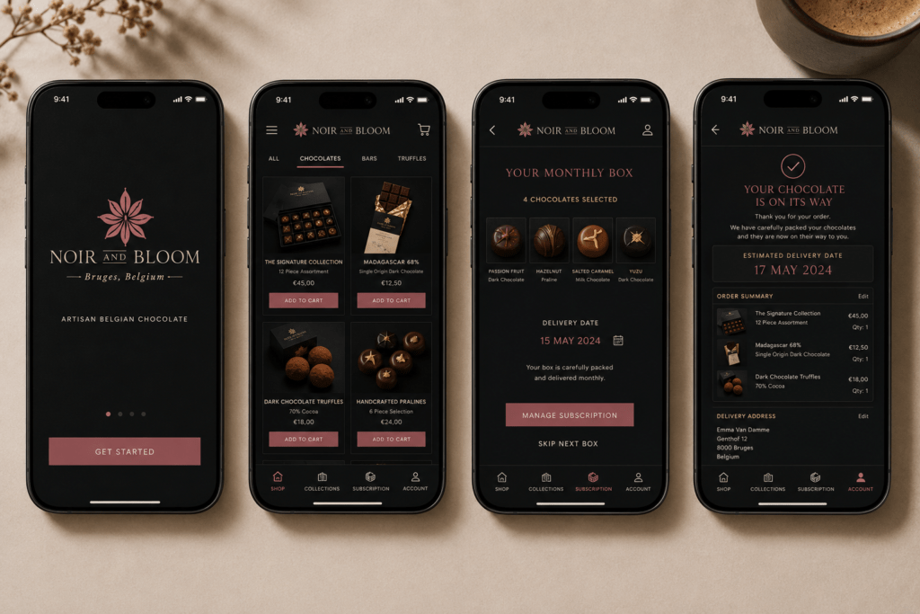 Noir and Bloom chocolate app on four iPhone screens showing onboarding product browsing grid subscription management and order confirmation in midnight black dusty rose and ivory