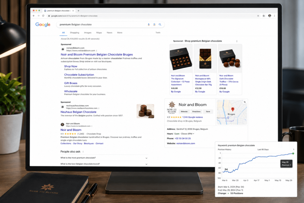 Google search results on desktop showing Noir and Bloom paid ads targeting premium Belgian chocolate with Shopping panel Knowledge Panel position one organic result five star rich snippet and rank tracking chart showing improvement to position one in 80 days