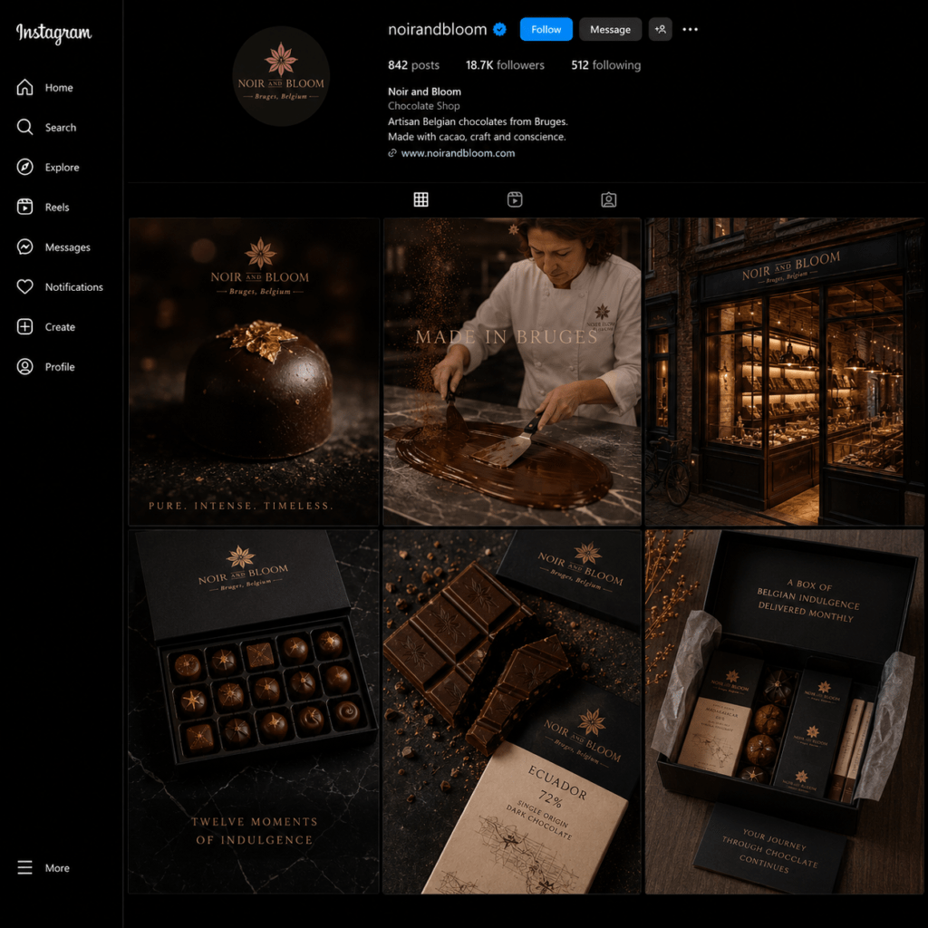 Noir and Bloom Instagram six post content grid showing praline macro boutique interior gift box open single origin bar break and subscription unboxing in midnight black gold and dusty rose
