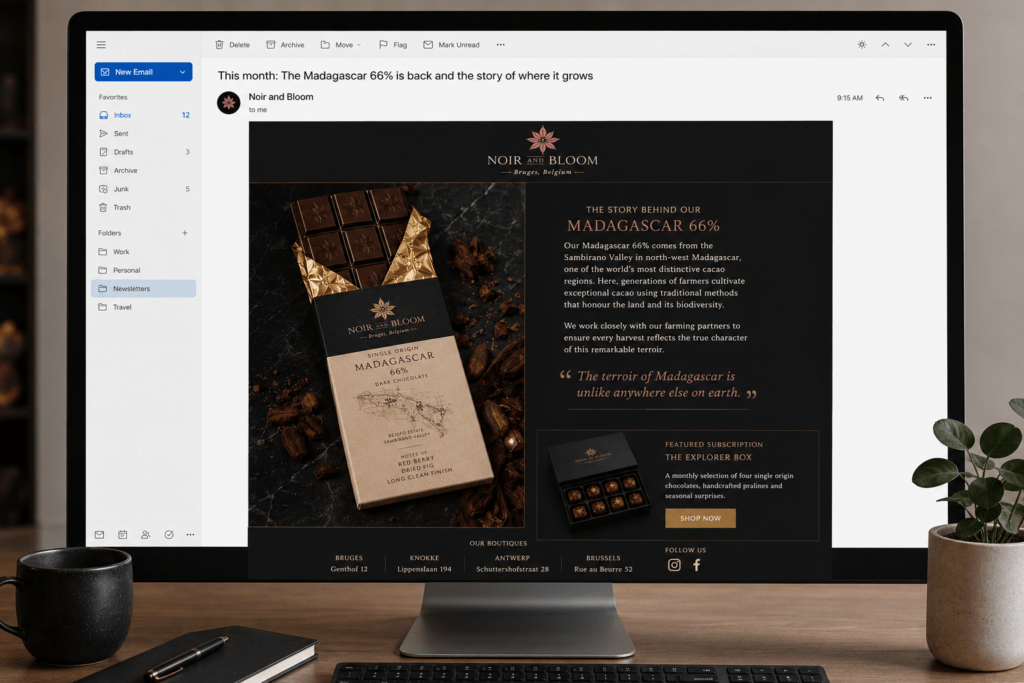Noir and Bloom email newsletter on desktop showing dark header Madagascar chocolate bar feature with flavour notes cacao origin story subscription section and shop CTA in midnight black and dusty rose
