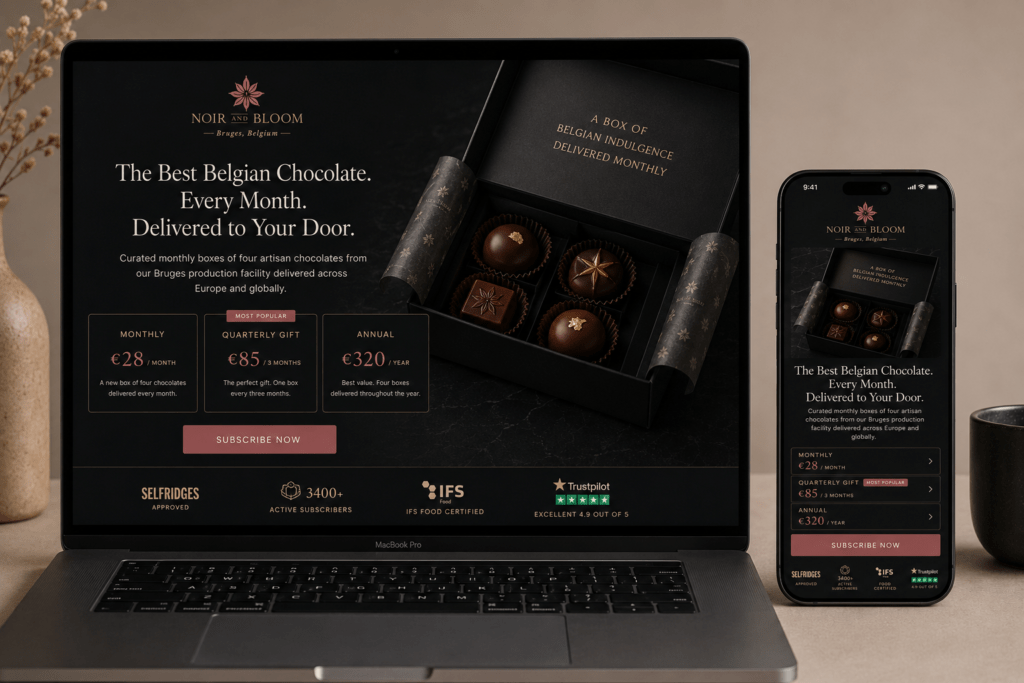 Noir and Bloom chocolate subscription landing page on MacBook and iPhone showing open subscription box photography serif headline three subscription tier cards in dark design with trust signals including Selfridges and Trustpilot