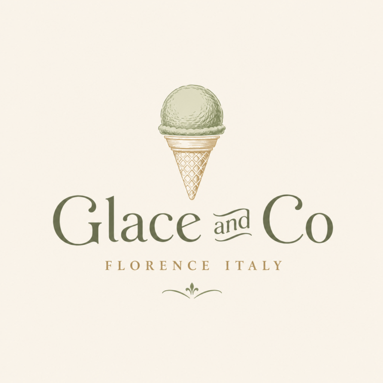 Glacé and Co warm ivory and pistachio green rounded serif logo with minimal gelato scoop mark for premium artisan Italian gelato brand Florence Italy