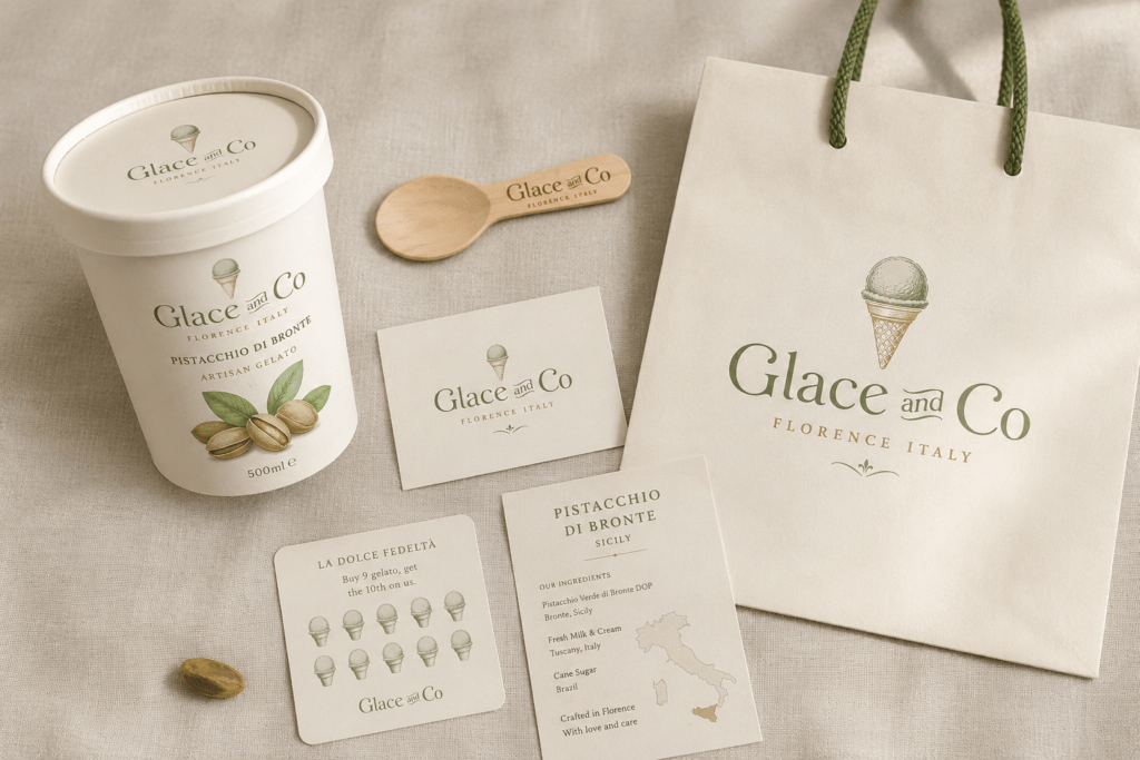 Glacé and Co brand identity suite flat lay on warm ivory linen showing gelato tub branded wooden spoon business card boutique bag loyalty card and ingredient origin card with pistachio nut
