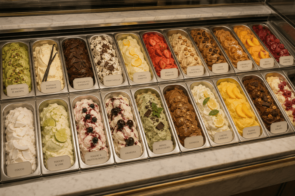  Twenty-two Glacé and Co artisan gelato and sorbetto flavours in silver pans showing pistachio vanilla dark chocolate stracciatella lemon strawberry hazelnut coffee caramel and seasonal varieties with ingredient decorations
