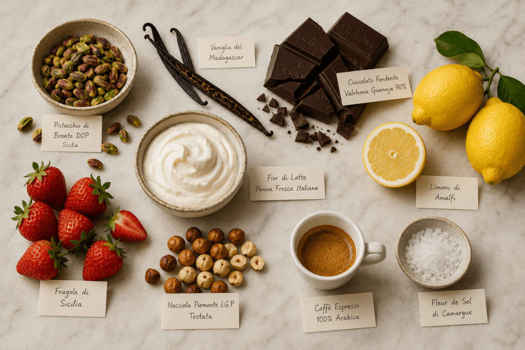Glacé and Co gelato ingredient sourcing flat lay on marble showing DOP Bronte pistachios Madagascan vanilla pod Valrhona chocolate Amalfi lemons Fior di Latte cream strawberries hazelnuts and fleur de sel with handwritten label cards
