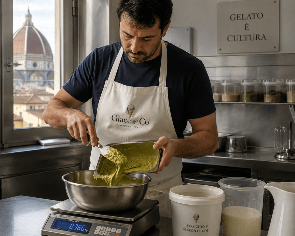 Photorealistic Glacé and Co master gelatiere in white apron carefully weighing Bronte pistachio paste into mixing bowl on digital scale in Florence production kitchen with natural window light