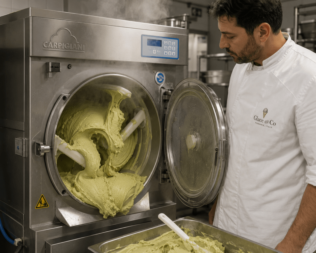 Photorealistic view of Glacé and Co pistachio gelato churning in open Carpigiani batch freezer showing dense low overrun texture with gelatiere watching consistency in Florence production facility