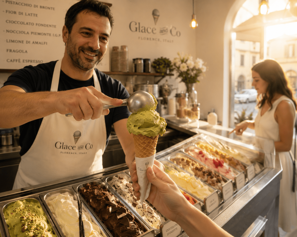 Photorealistic Glacé and Co parlour staff in ivory apron scooping dense pistachio gelato onto waffle cone for customer at Florence parlour counter with other flavour pans and afternoon light visible
