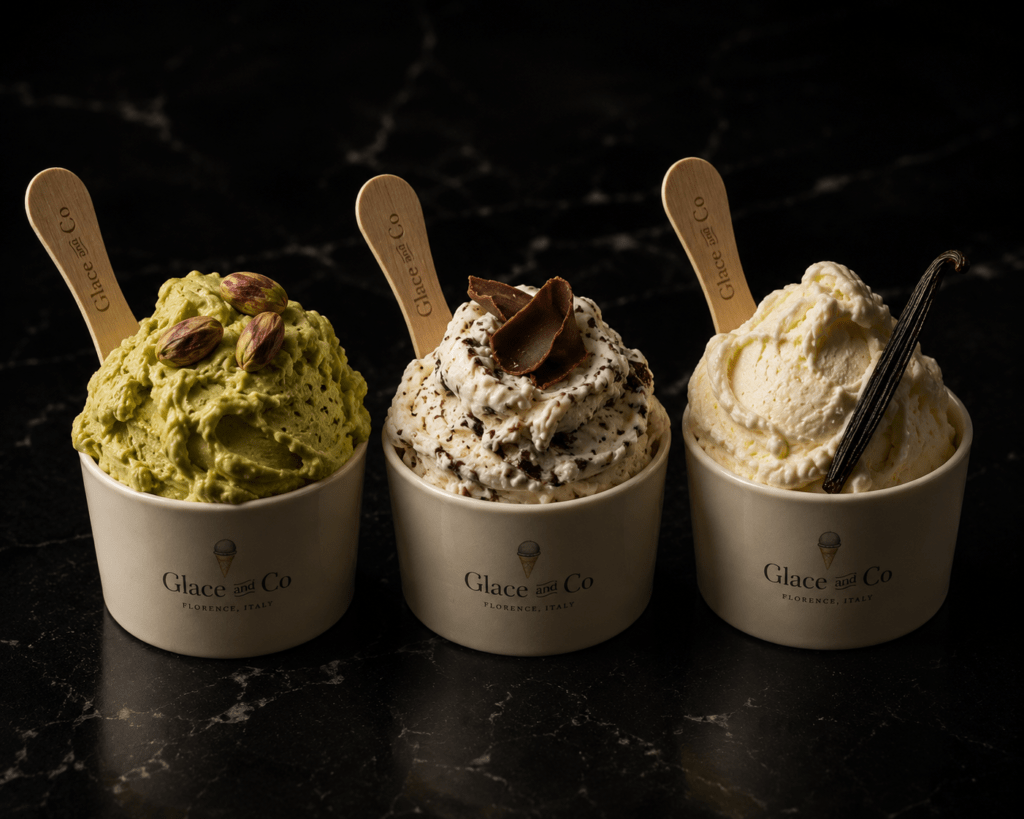  Three Glacé and Co signature gelato flavours in ivory ceramic cups on black marble including deep green pistachio with Bronte pistachios ivory stracciatella with chocolate ribbons and Madagascan vanilla with pod
