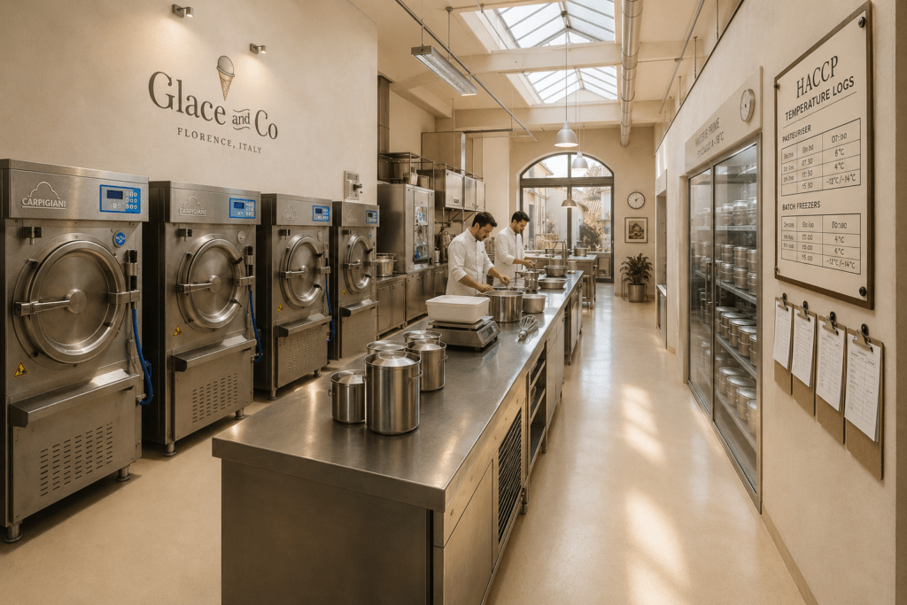 Photorealistic Glacé and Co artisan gelato production facility interior in Florence Oltrarno with row of Carpigiani batch freezers stainless steel preparation benches cold storage room and gelatieri in white coat